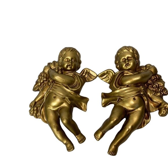 Vintage 2 Lee Wards Gold Cherub Angel Wall Hanging Plaque Chalkware 8” Long - Picture 9 of 16
